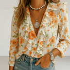 Women's butterfly print ruffle blouse with long sleeves front view