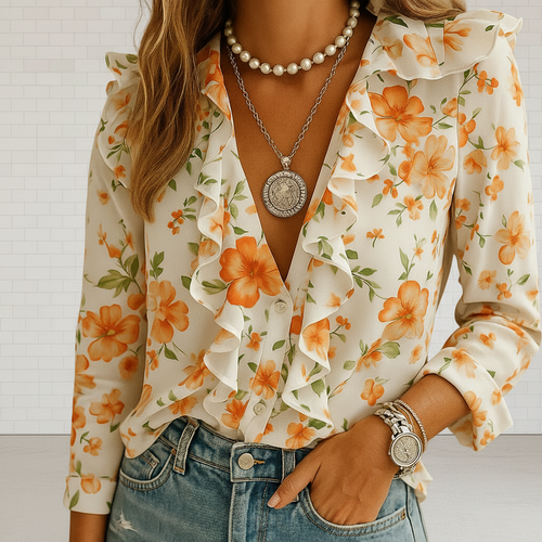 Women's butterfly print ruffle blouse with long sleeves front view