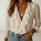 Women's butterfly print ruffle blouse with long sleeves back view