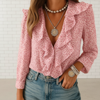 Women's butterfly print ruffle blouse with long sleeves angled view