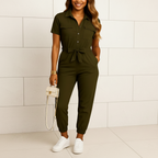 Women's button front tailored jumpsuit for work and events front view