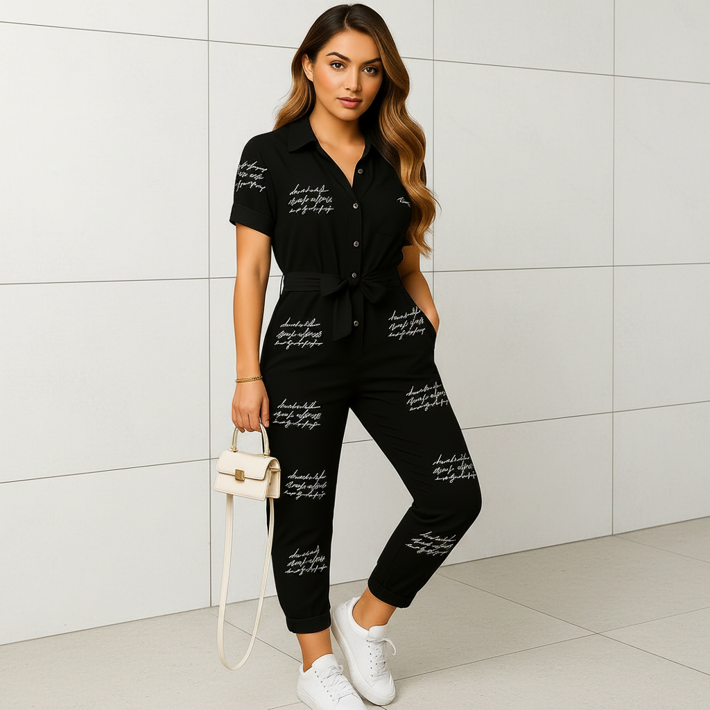 Button front closure on women's tailored jumpsuit