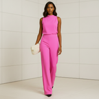 Women's halter neck wide leg jumpsuit with high waist angled view