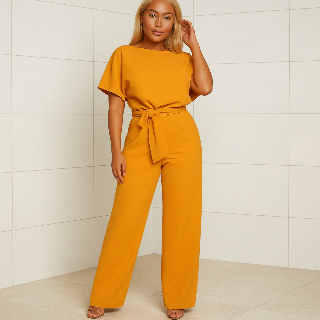 Women's high waist lace up jumpsuit for work and evening wear side profile