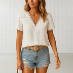 Green women's lace trim V neck blouse for work and evening wear