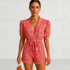 Women's printed short jumpsuit with belted waist front view