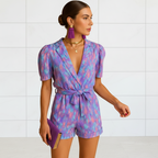 Women's printed short jumpsuit with belted waist side profile