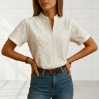 Women's white button front blouse with classic collar side profile