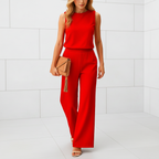 Women's wide leg jumpsuit with round neck and flowing pants back view