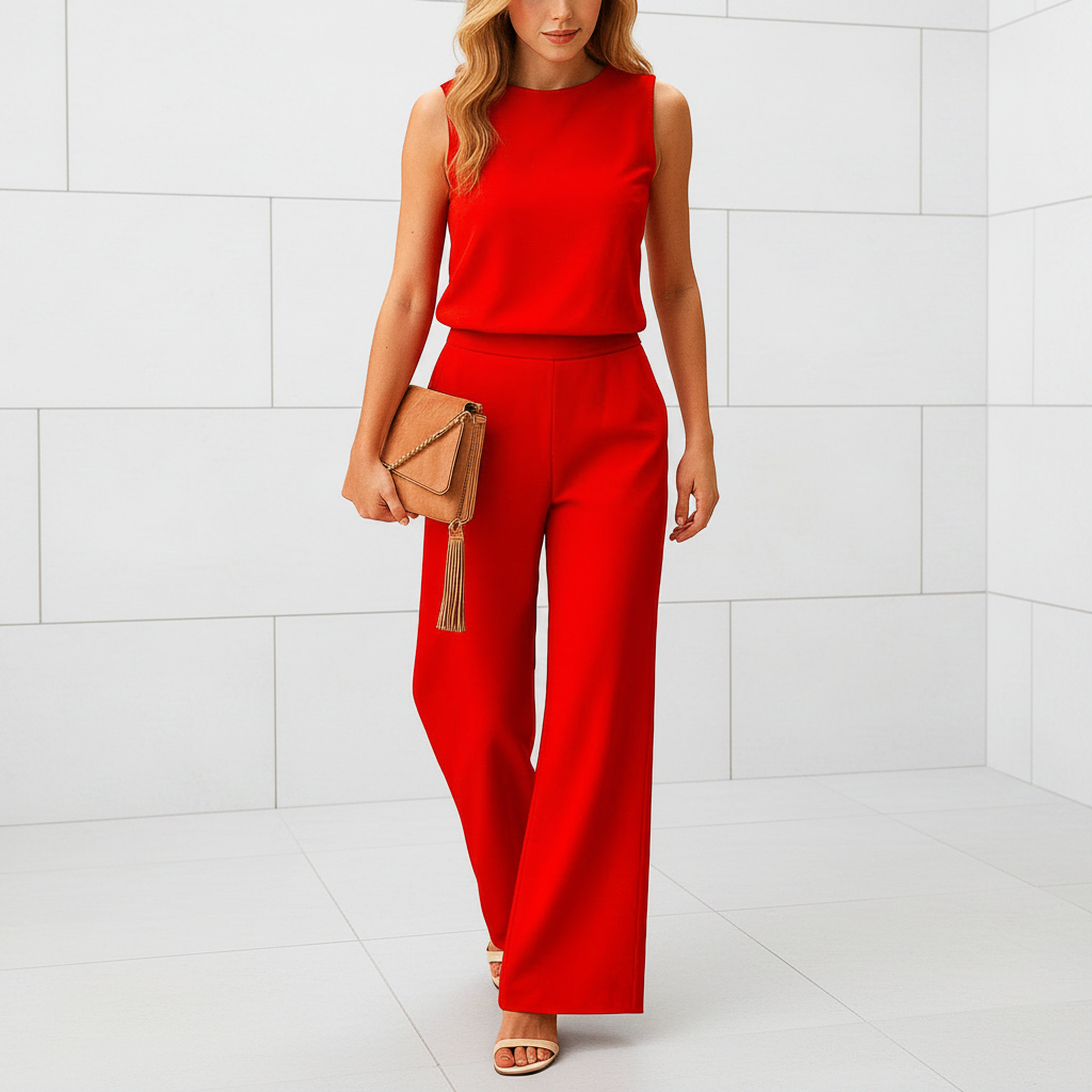 Women's wide leg jumpsuit with round neck and flowing pants back view